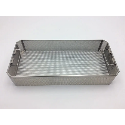 Rectangular stainless steel mesh tray with integrated side handles for aesculap sterilization container and olympus wa05990a