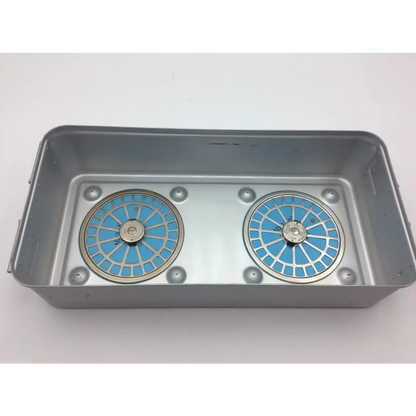 Silver rectangular aesculap sterilization container holding two circular blue and metallic olympus wa05990a filters