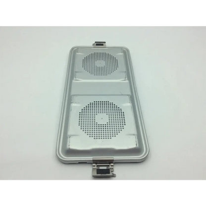 Silver metallic rectangular aesculap sterilization container with two circular perforated sections and olympus wa05990a latch