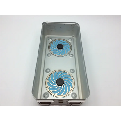 Silver metal aesculap sterilization container 78532 with blue inserts and black knobs lid jk489 size 22 x 11 x 5