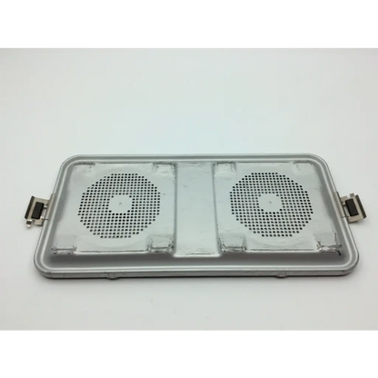 Silver metallic laptop cooling pad with two circular vents and clamps compatible with lid jk489 size container