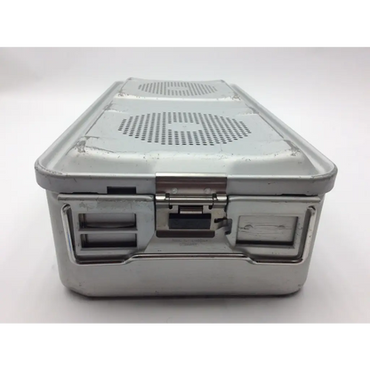 Silver metallic aseptic surgical instrument case with sturdy latch and perforated lid jk489 size 22 x 11 x 5