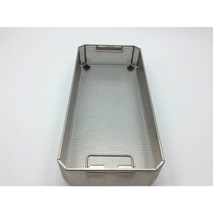 Rectangular stainless steel mesh basket with reinforced corners and handles for aesculap sterilization container lid jk489 size