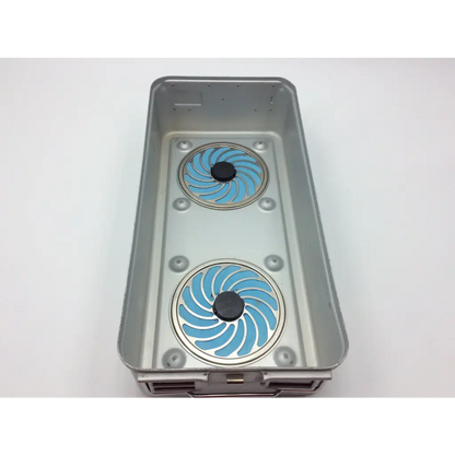 Silver rectangular aesculap sterilization container with two blue spiral inserts lid jk489 size 22 x 11x 5