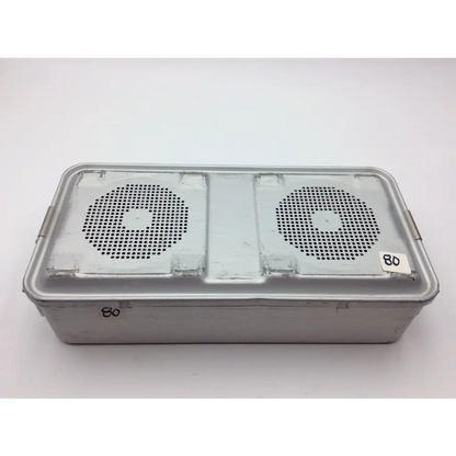 Silver metal surgical instrument box with two circular perforated compartments on lid jk489 size 22 x 11 x 5