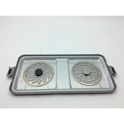 Silver metal aesculap sterilization container with basket lid jk489 size 22 x 11 x 5 featuring perforated inserts and black caps