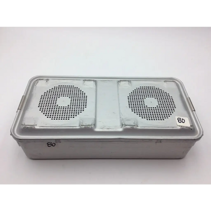 Aesculap sterilization tray jf224r silver metal box with two circular perforated compartments on lid for surgical use