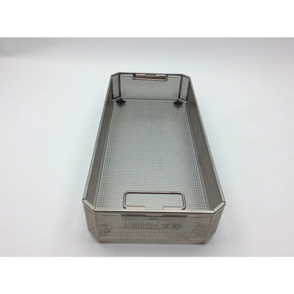 Rectangular stainless steel aesculap sterilization tray jf224r with reinforced corners and integrated handles