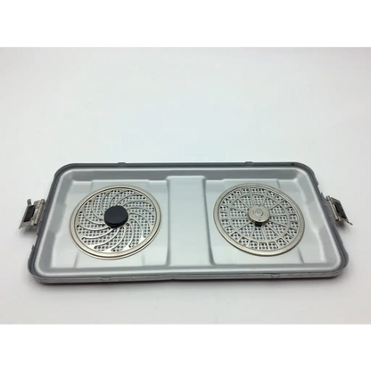 Silver aesculap sterilization tray jf224r with dual-burner perforated grates and black center knobs for sterilizing