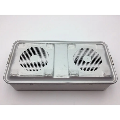 Silver metal aesculap sterilization tray jf224r with perforated circular lids for surgical instrument sterilization