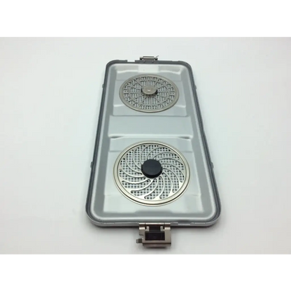 Silver-colored aesculap sterilization tray jf224r with rectangular shape, two perforated grates, and black central knob