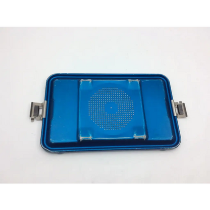 Blue rectangular plastic aesculap three quarter container jn740 with perforated lid jk789 and metallic latches