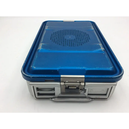Blue plastic aesculap three quarter container jn740 with silver metal lid jk789 latch and handle for surgical instruments