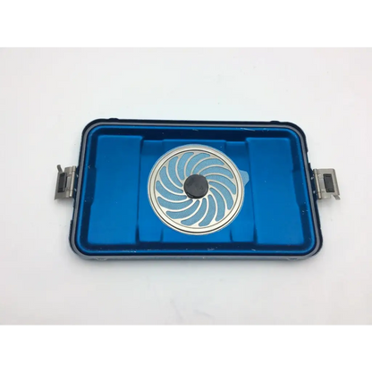 Blue rectangular aesculap three quarter container jn740 with silver spiral lid jk789 and metallic latches on each side