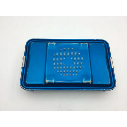 Blue plastic aesculap three quarter container jn740 with circular perforated pattern and silver lid jk789 hinges