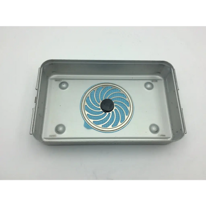 Silver rectangular metal container jn740 with blue and silver circular drain cover and silver lid jk789 aesculap three quarter size