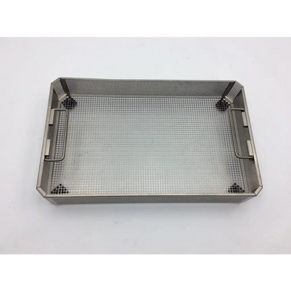 Rectangular stainless steel mesh tray with integrated side handles for aesculap three quarter container jn740 with lid jk789