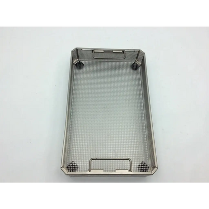 Rectangular stainless steel mesh tray with reinforced corners and handles for aesculap three quarter container jn740 lid jk789