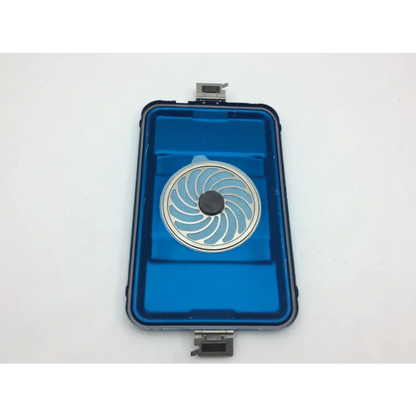 Blue plastic container jn740 with silver lid jk789 and circular fan component in aesculap three quarter size case