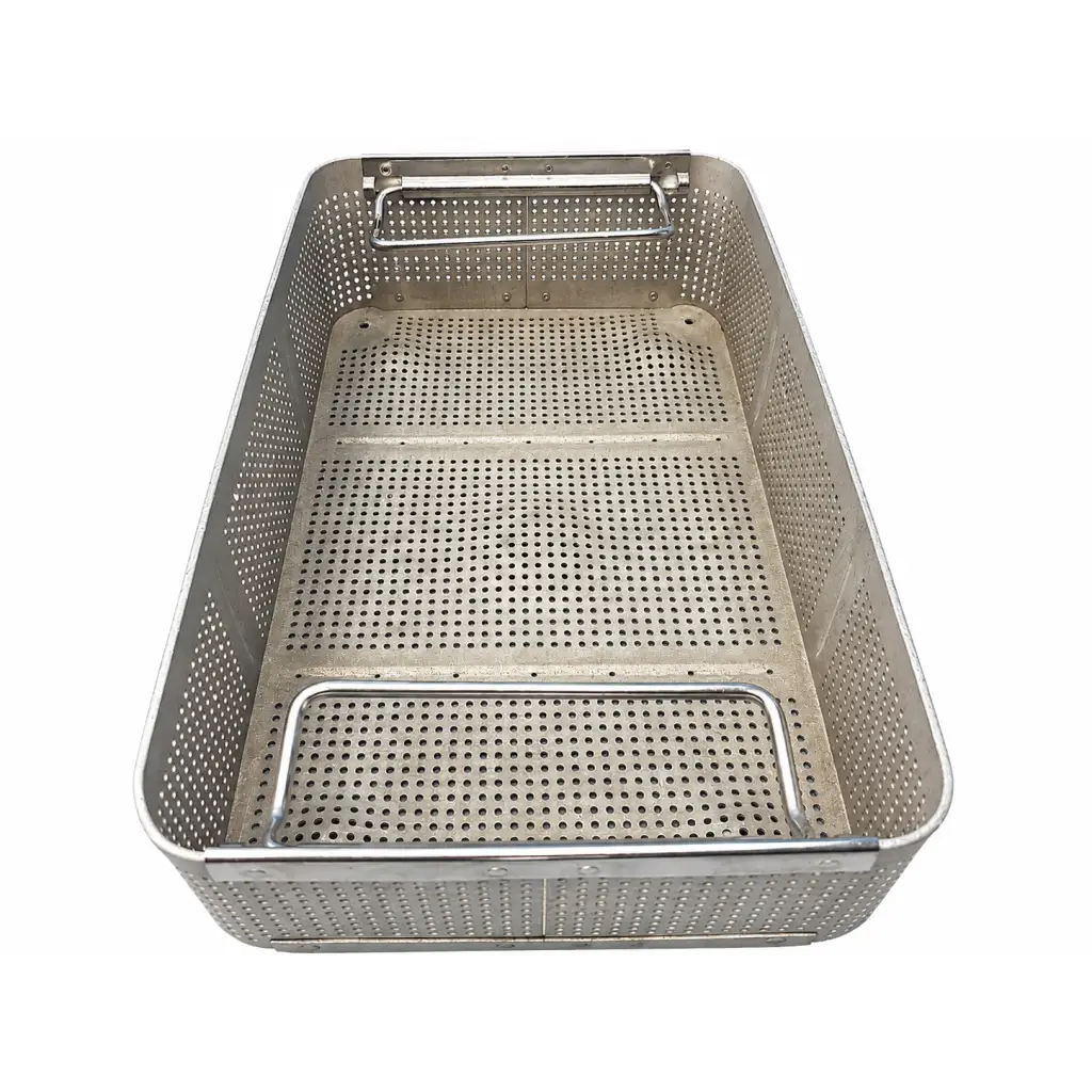 Aesculap us 848 stainless steel perforated instrument basket with reinforced handle bars biomed certified