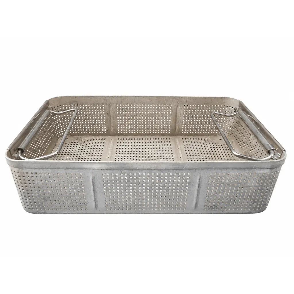 Aesculap US 848 stainless steel rectangular perforated instrument basket with reinforced handles biomed certified