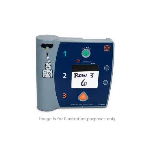 Blue and gray agilent heartstream fr2 semi-automatic aed defibrillator complete kit with digital display and electrode pad diagram