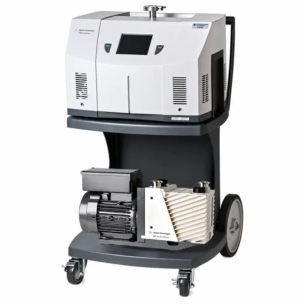White and gray agilent technologies helium leak detector vs series on a mobile cart with digital display for biomed use