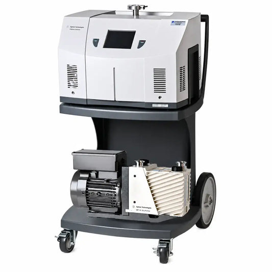 White and gray agilent technologies helium leak detector vs series on a mobile cart with digital display for biomed use