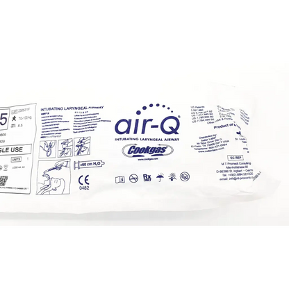 White plastic package containing an air-qsp intubating laryngeal airway device by cookgas for airway management