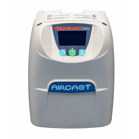 Gray plastic aircast venaflow elite air compressor with digital display and control buttons for venaflow elite compression system