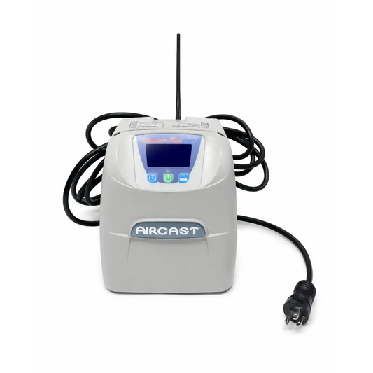Gray plastic aircast venaflow elite compression pump with digital display control buttons and antenna for dvt therapy