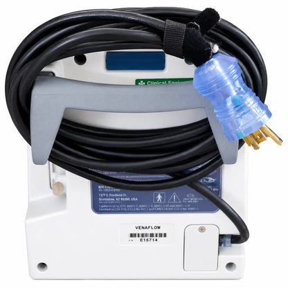 White plastic compression pump with gray handle and black coiled cord featuring translucent blue plug for aircast venaflow elite