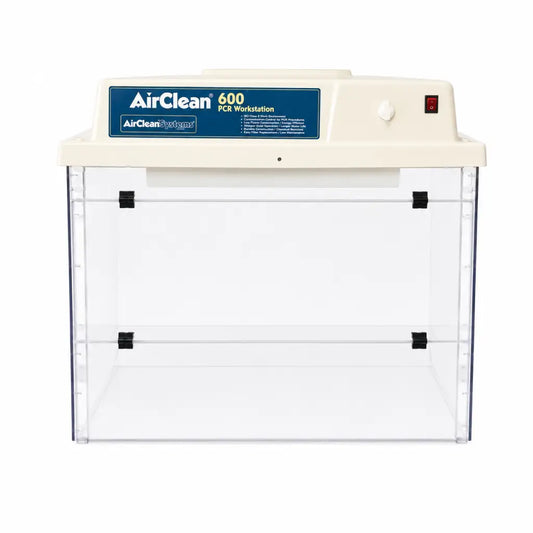 Cream-colored AirClean Systems AirClean 600 PCR workstation with transparent acrylic shelves and blue label for lab use