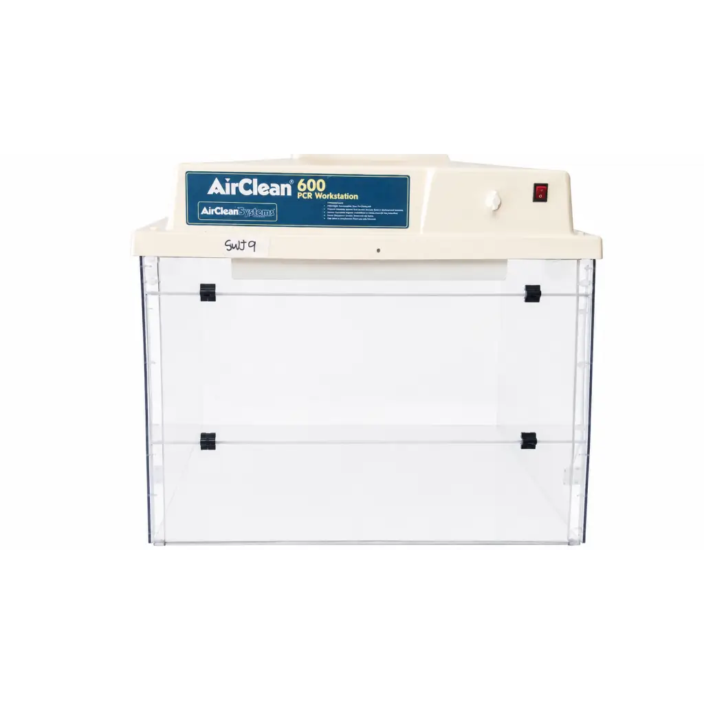 Beige airclean systems airclean 600 pcr workstation biomed certified with transparent acrylic doors and black latches