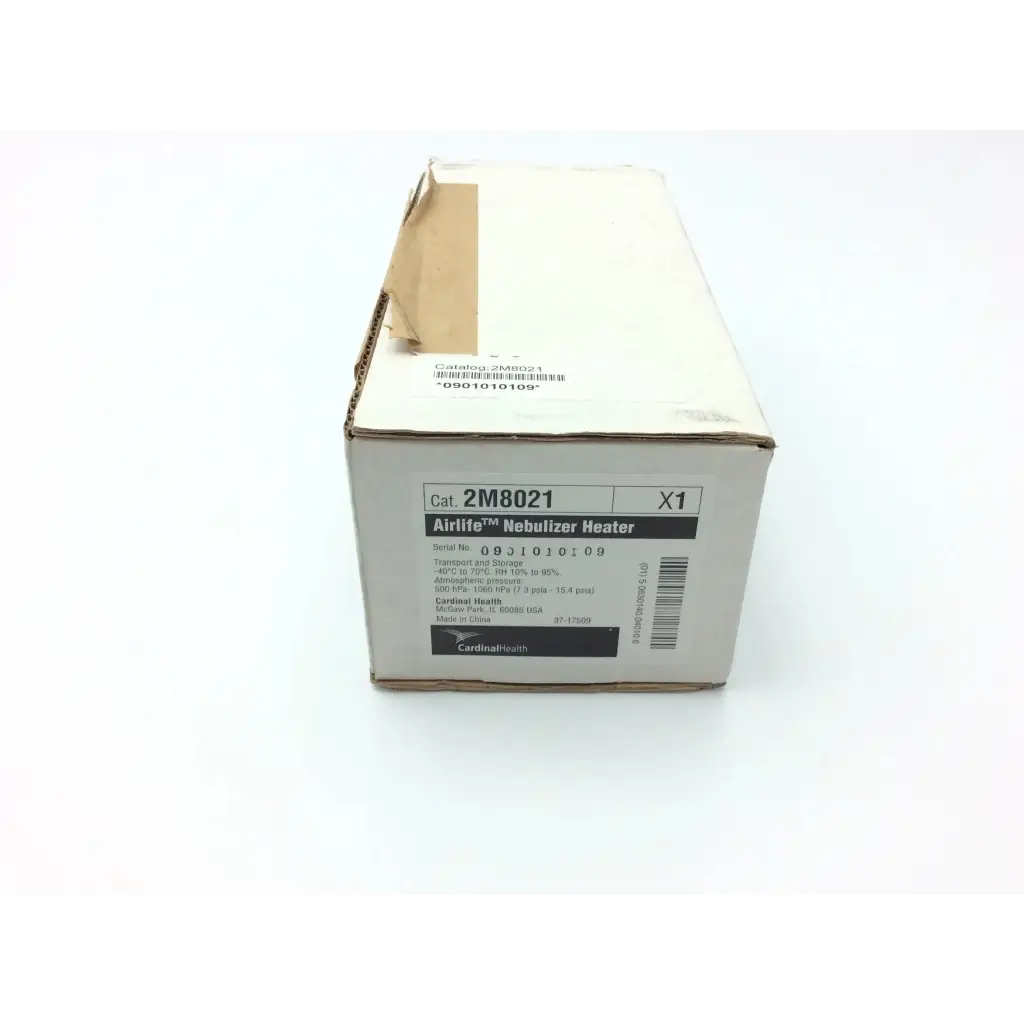White cardboard box of airlife nebulizer heater by cardinal health labeled nebulizer heater 2m8021 airlite