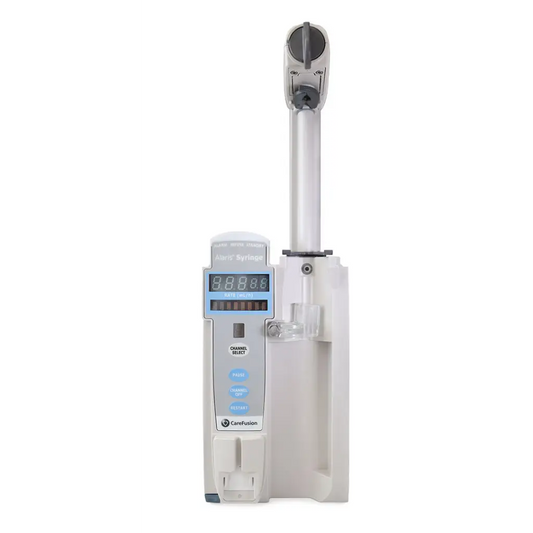 White plastic and metal alaris 8110 infusion pump with digital display labeled allian syringes by CareFusion