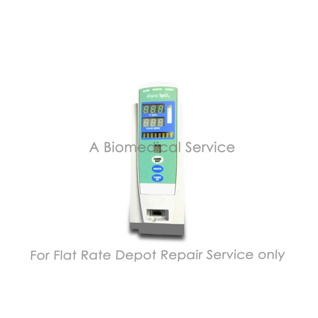 Alaris 8210 Nellcor spo2 module medical equipment with green white body digital display and blue charge reboot buttons for repair service