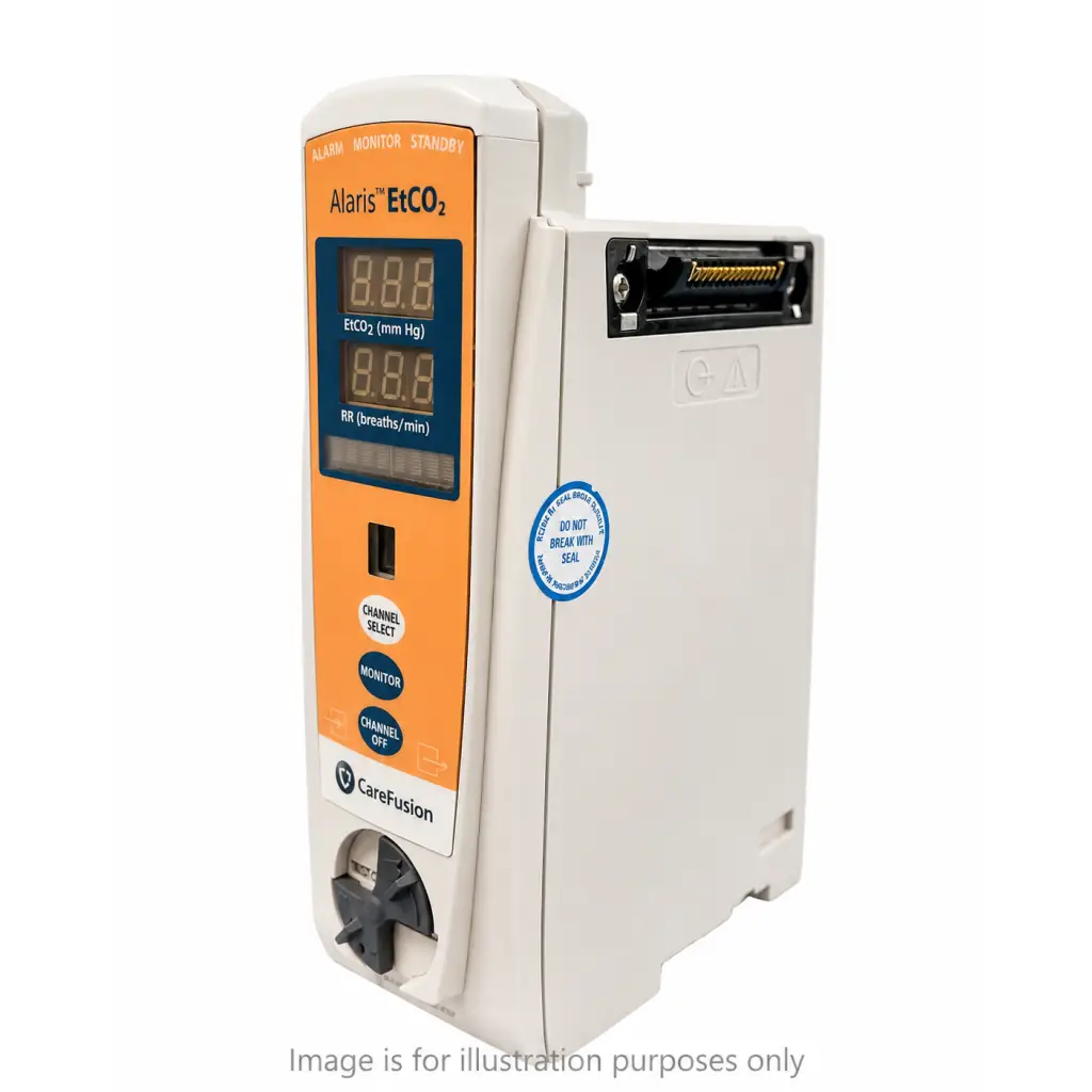 White and orange alaris 8300 etco2 monitoring accessory item by carefusion with digital display and control buttons medical equipment