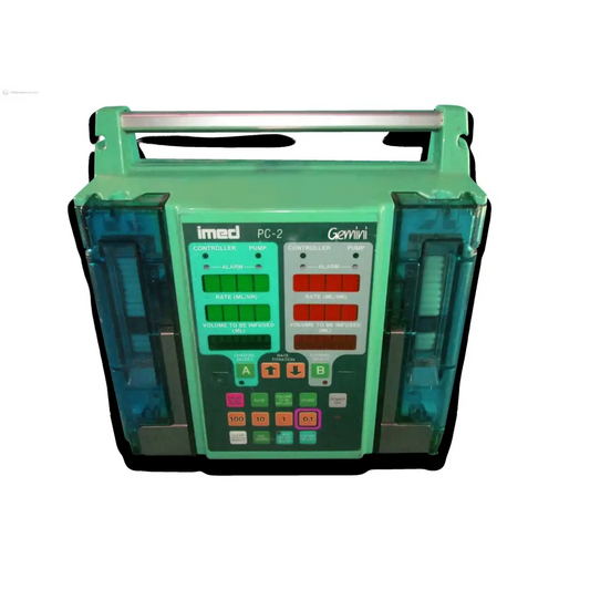 Teal and transparent plastic alaris imed gemini medical infusion pump with control panels and dual fluid reservoirs