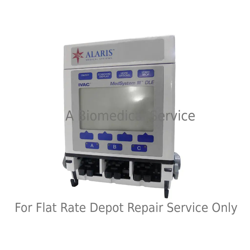White alaris ivac medsystem iii model 2865 infusion pump with blue buttons and digital display for medical equipment repair service