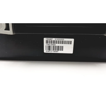 Black plastic alber v25 viamobil battery box with white barcode label on the underside showing the back side