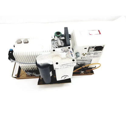 White industrial alcatel adixen 2021i vacuum pump with metallic components and black accents for rotary vane use