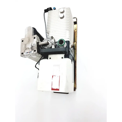 White alcatel adixen 2021i vacuum pump with metallic parts ribbed heat sink black wiring and control knobs