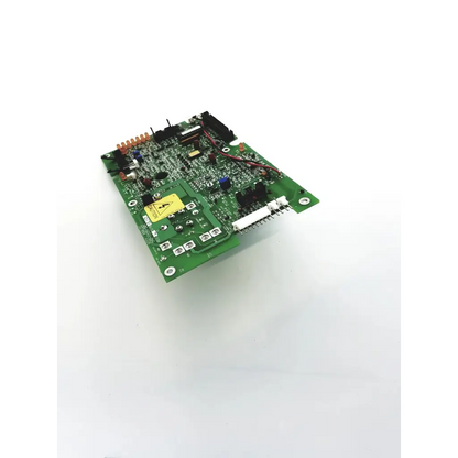Green printed circuit board with electronic components and yellow warning label in alcon assy analog 542-1335-501