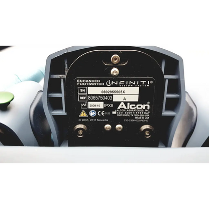 Black plastic label on alcon infiniti vision system enhanced footswitch with cable for precise control