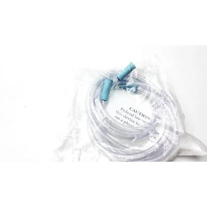 Transparent healthcare suction tubing kit with light blue capped ends in clear plastic packaging by allied healthcare
