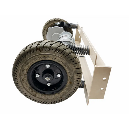 Beige metal frame allied motion biomed certified motorized wheel dual-drive unit with black tires and silver springs