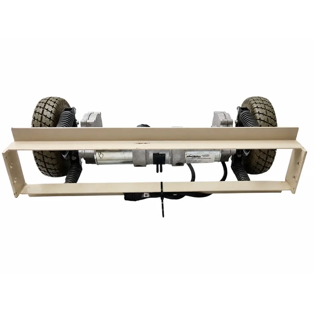 Beige metal allied motion biomed certified motorized wheel utility trailer axle with black tires and coiled suspension springs