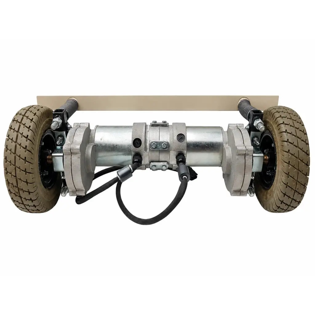 Silver metallic allied motion motorized wheel dual-drive unit with rugged brown tires and black suspension biomed certified