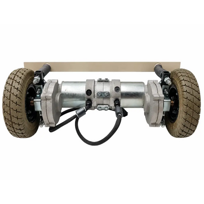 Silver metallic allied motion motorized wheel dual-drive unit with rugged brown tires and black suspension biomed certified